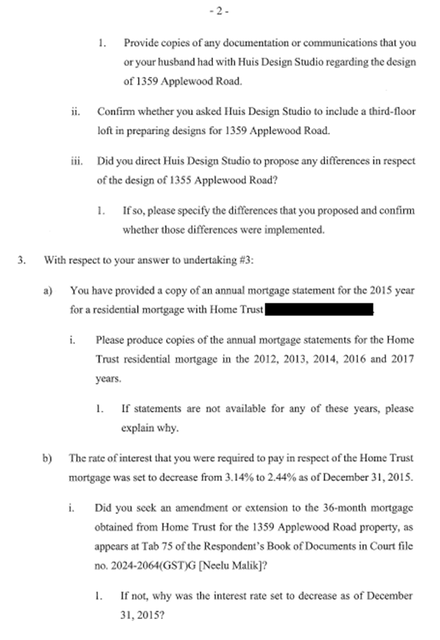 Page 2 of document entitled "Further Questions on Answers to Undertakings Provided to the Respondent".