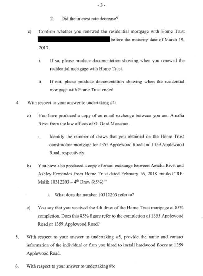 Page 3 of the document entitled "Further Questions on Answers to Undertakings Provided to the Respondent".